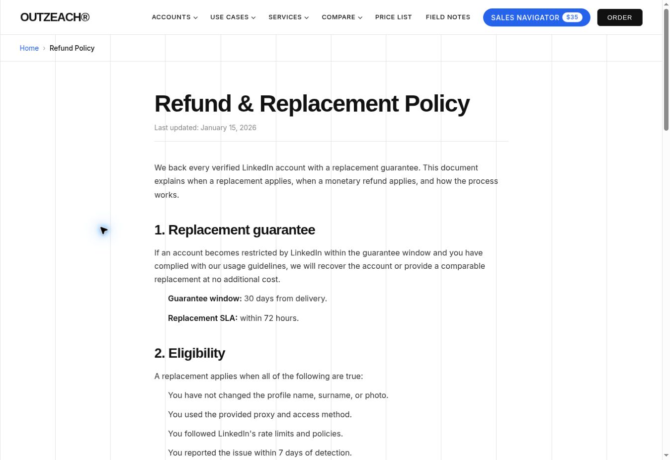 Politique de remboursement et de remplacement d’Outzeach, capturée le 20 octobre 2026, montrant une fenêtre de 30 jours et un délai de remplacement de 72 heures.