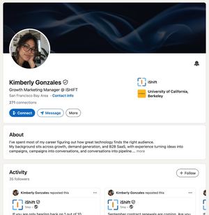 Exemple de compte LinkedIn vérifié par identité : Growth Marketing Manager dans la baie de San Francisco