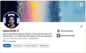 Exemple de compte LinkedIn vérifié par identité : Senior Associate en capital-risque avec 500+ relations