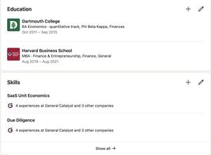 Sections Formation et Compétences d’un compte LinkedIn vérifié par identité