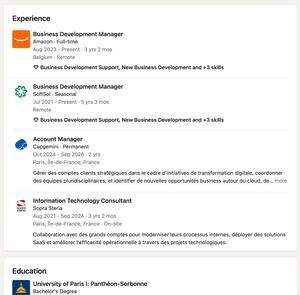 Section Expérience d’un compte LinkedIn avec des postes de business development en Europe