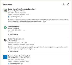 Section Expérience d’un compte LinkedIn avec des postes de conseil digital à Madrid