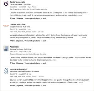 Section Expérience d’un compte LinkedIn ancien avec quatre postes en capital-risque